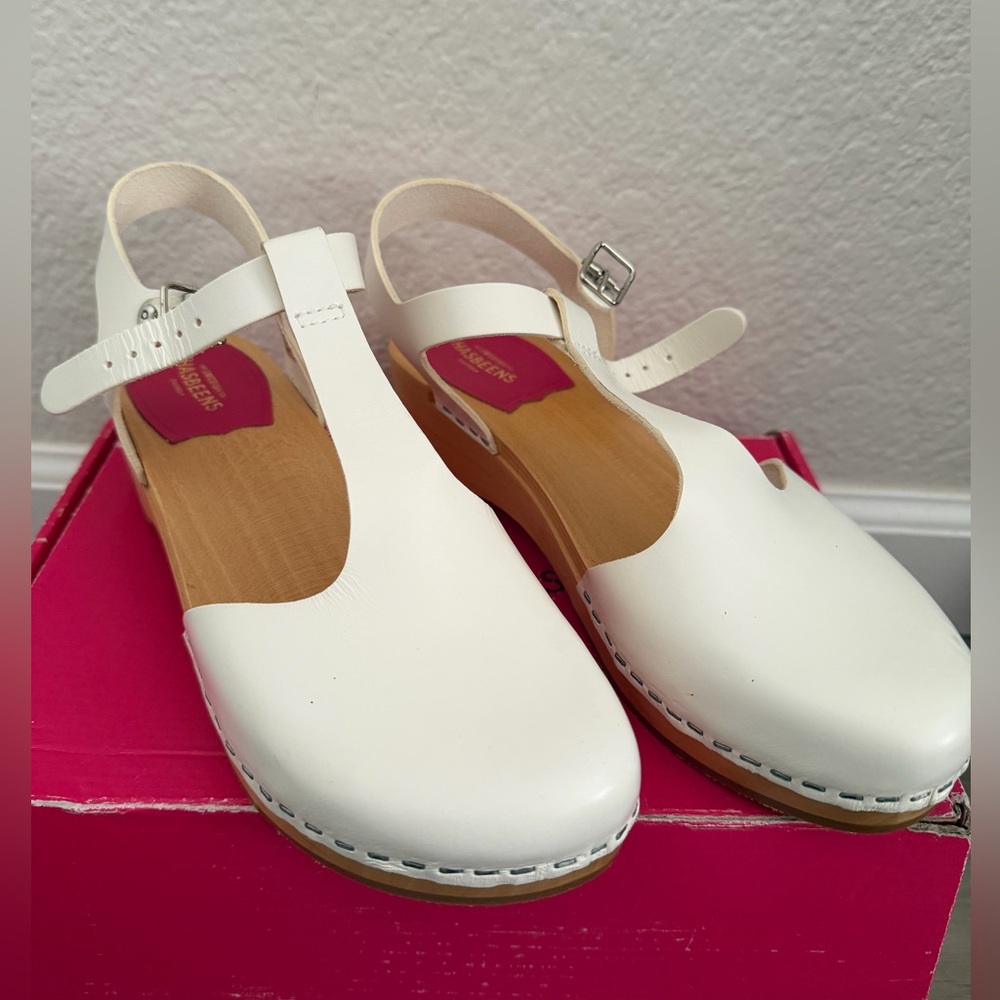 Swedish Hasbeens White Leather T-Strap Clogs